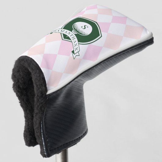 Elegant Pink Pattern Green Golfer Name Monogram ゴルフヘッドカバー (3/4 正面)