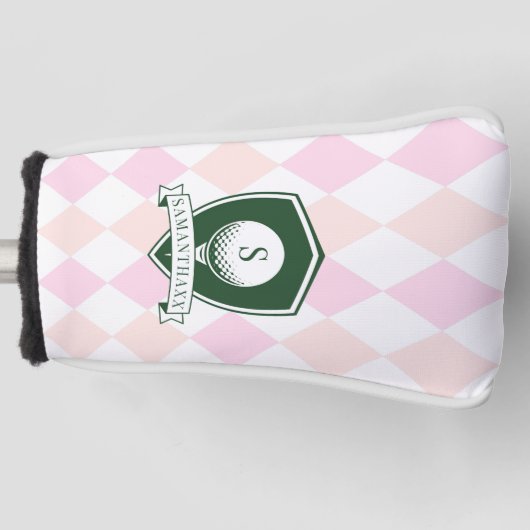 Elegant Pink Pattern Green Golfer Name Monogram ゴルフヘッドカバー (正面)