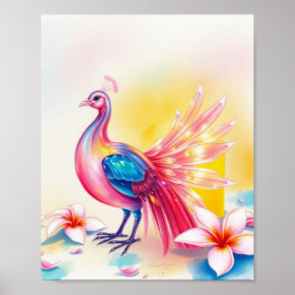 Elegant Pink Peacock Watercolor Poster ポスター