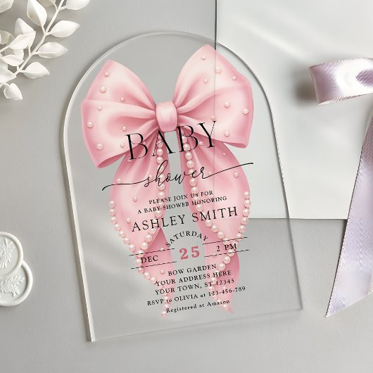 Elegant Pink Pearl Bow Baby Shower アクリル招待状