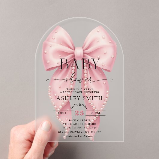 Elegant Pink Pearl Bow Baby Shower アクリル招待状 (インサイチュ (ポータブル))