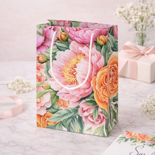 Elegant Pink Peonies Floral Gift Bag | Feminine ミディアムペーパーバッグ