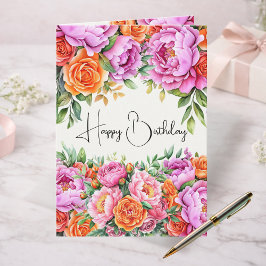 Elegant Pink Peonies Floral Happy Birthday Card カード