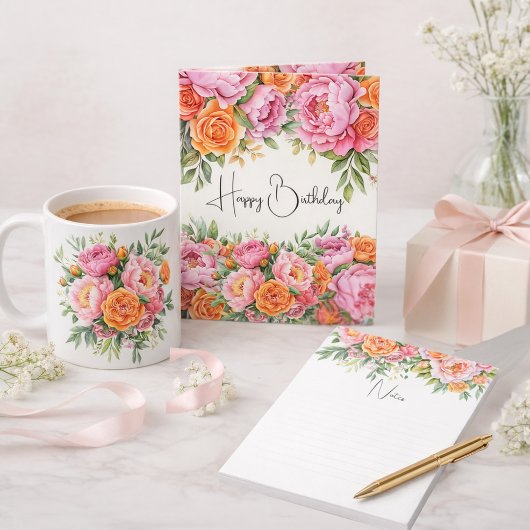 Elegant Pink Peonies Floral Happy Birthday Card カード