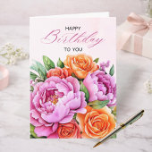 Elegant Pink Peonies Floral Happy Birthday Card カード