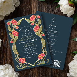 Elegant Pink Peony Art Nouveau QR Code Wedding 招待状