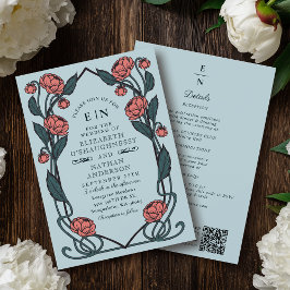 Elegant Pink Peony Art Nouveau QR Code Wedding 招待状