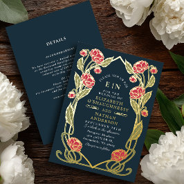 Elegant Pink Peony Art Nouveau Wedding All in One 箔招待状