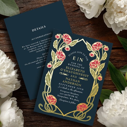 Elegant Pink Peony Art Nouveau Wedding All in One 箔招待状