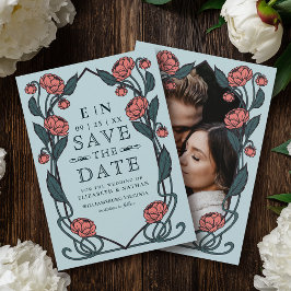 Elegant Pink Peony Art Nouveau Wedding Photo セーブザデート