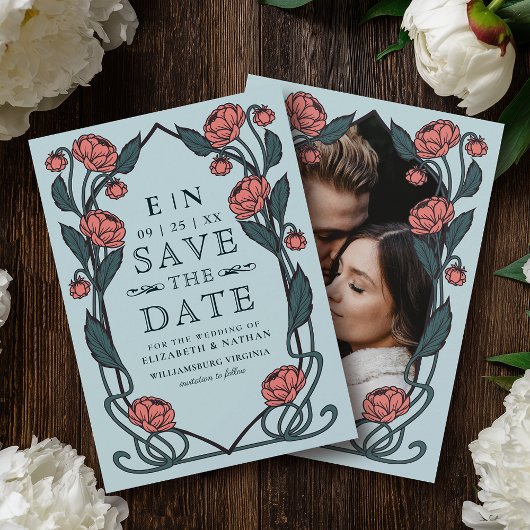 Elegant Pink Peony Art Nouveau Wedding Photo セーブザデート