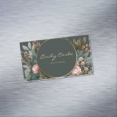 Elegant Pink Peony Botanical Dark Teal Gold Circle マグネット名刺 (インサイチュ)
