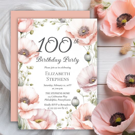 Elegant Pink Poppies Floral 100th Birthday Party 招待状