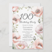 Elegant Pink Poppies Floral 100th Birthday Party 招待状 (正面)
