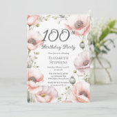Elegant Pink Poppies Floral 100th Birthday Party 招待状 (スタンド正面)