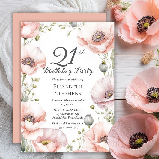 Elegant Pink Poppies Floral 21st Birthday Party 招待状