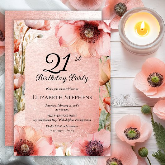 Elegant Pink Poppies Floral 21st Birthday Party 招待状