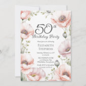 Elegant Pink Poppies Floral 50th Birthday Party 招待状 (正面)
