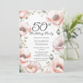 Elegant Pink Poppies Floral 50th Birthday Party 招待状 (スタンド正面)
