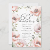Elegant Pink Poppies Floral 60th Birthday Party 招待状 (正面)