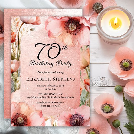 Elegant Pink Poppies Floral 70th Birthday Party 招待状