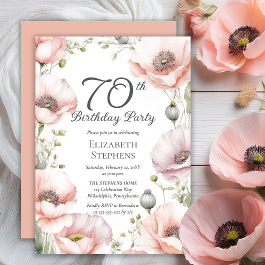 Elegant Pink Poppies Floral 70th Birthday Party 招待状