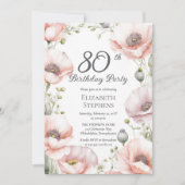 Elegant Pink Poppies Floral 80th Birthday Party 招待状 (正面)