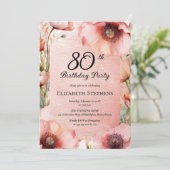 Elegant Pink Poppies Floral 80th Birthday Party 招待状 (スタンド正面)
