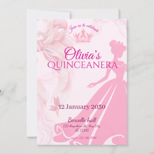 Elegant Pink Princess Quinceañera Invitation (正面)
