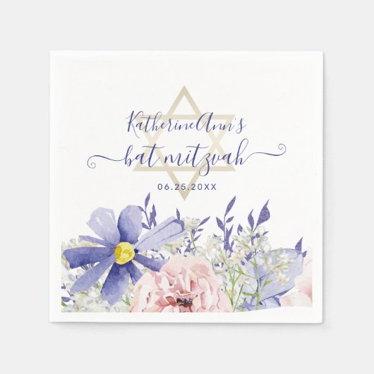 Elegant Pink Purple Floral Bat Mitzvah スタンダードカクテルナプキン (正面)