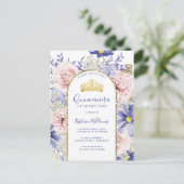 Elegant Pink Purple Floral Gold Tiara Quinceañera ポストカード (スタンド正面)