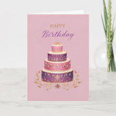 Elegant Pink, Purple & Gold Birthday Cake カード (正面)