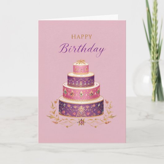 Elegant Pink, Purple & Gold Birthday Cake カード (正面)