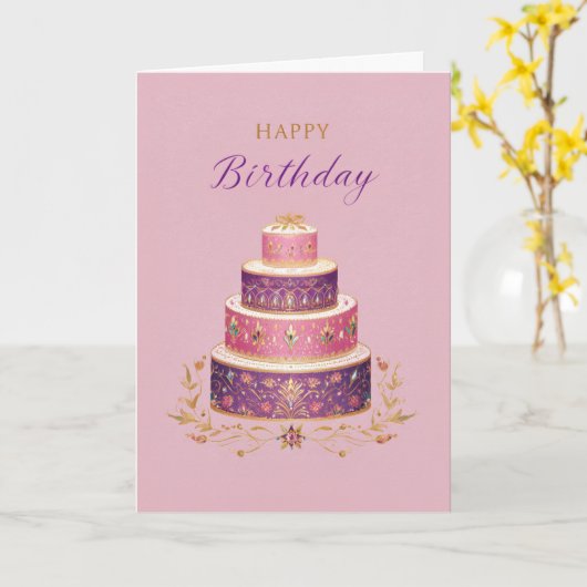 Elegant Pink, Purple & Gold Birthday Cake カード (黄色い花)