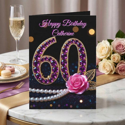 Elegant Pink Purple Rose Amethyst 60th Birthday カード