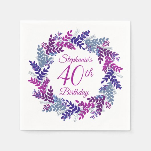 Elegant Pink Purple Wreath 40th Birthday スタンダードカクテルナプキン (正面)