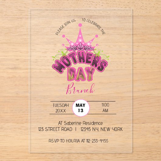 Elegant Pink Queen Crown Happy mothers day Brunch  アクリル招待状 (正面)