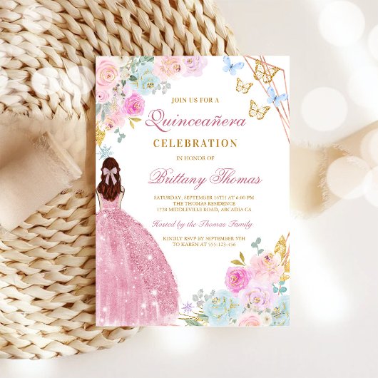 Elegant Pink Quinceañera Invitation 招待状