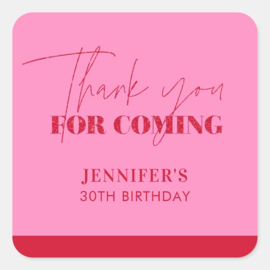 Elegant Pink Red Glitter Birthday Thank you スクエアシール (正面)