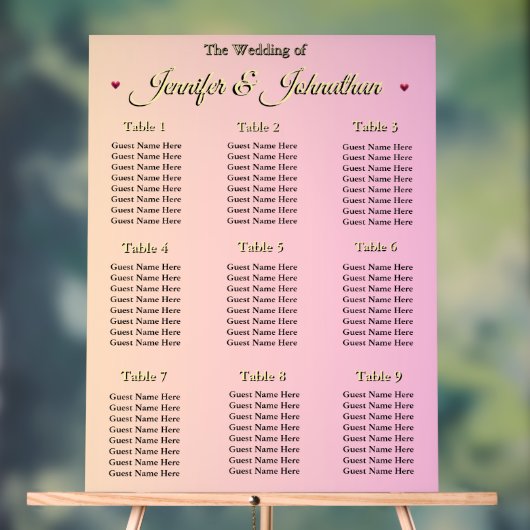 Elegant Pink Red Hearts Wedding Seating Chart アクリルサイン (ニュートラル)