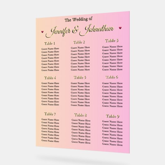 Elegant Pink Red Hearts Wedding Seating Chart アクリルサイン (傾斜)