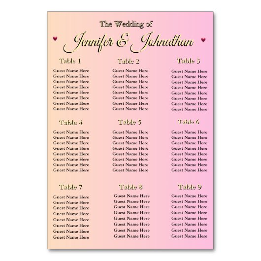 Elegant Pink Red Hearts Wedding Seating Chart テーブルナンバー (正面)