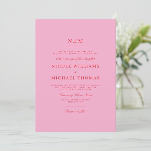 Elegant Pink Red Monogram Classic Wedding 招待状 (スタンド正面)