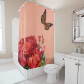 Elegant Pink Red Roses & Butterfly Shower Curtain シャワーカーテン (インサイチュ)