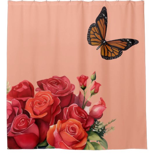 Elegant Pink Red Roses & Butterfly Shower Curtain シャワーカーテン (正面)