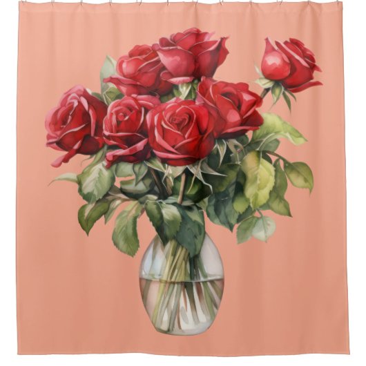 Elegant Pink Red Roses & Butterfly Shower Curtain シャワーカーテン (正面)