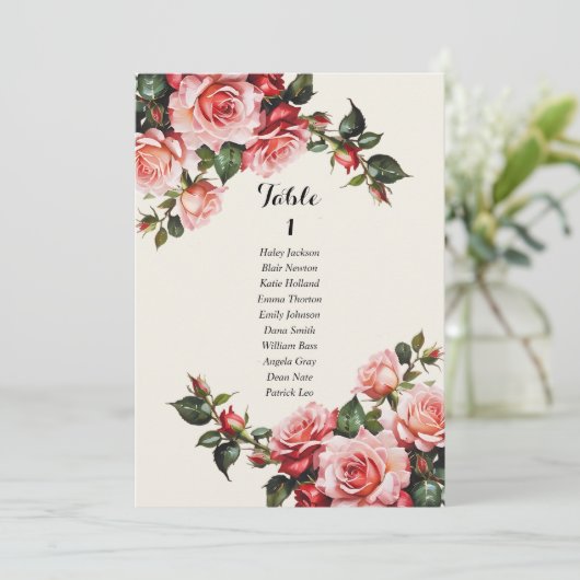 Elegant pink red roses wedding seating chart card 招待状 (スタンド正面)