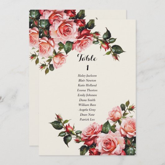 Elegant pink red roses wedding seating chart card 招待状 (正面/裏面)