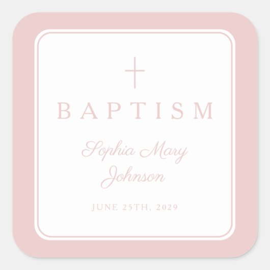 Elegant Pink Religious Cross Boy Baptism  スクエアシール (正面)
