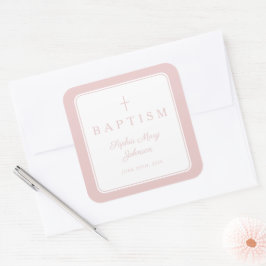 Elegant Pink Religious Cross Boy Baptism  スクエアシール